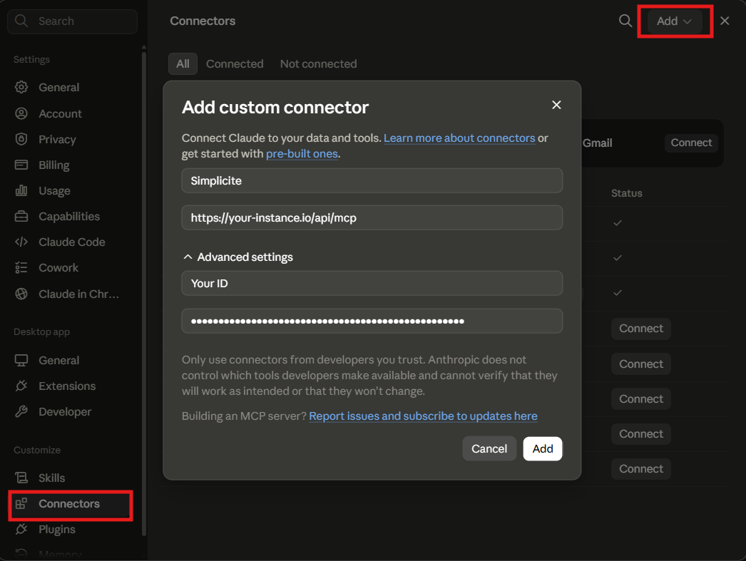 Option -> Connectors -> Add