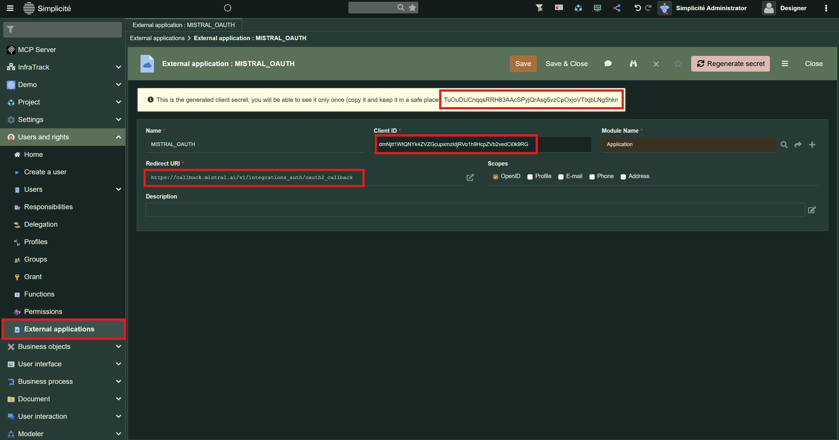 Application externe OAuth2 configuration