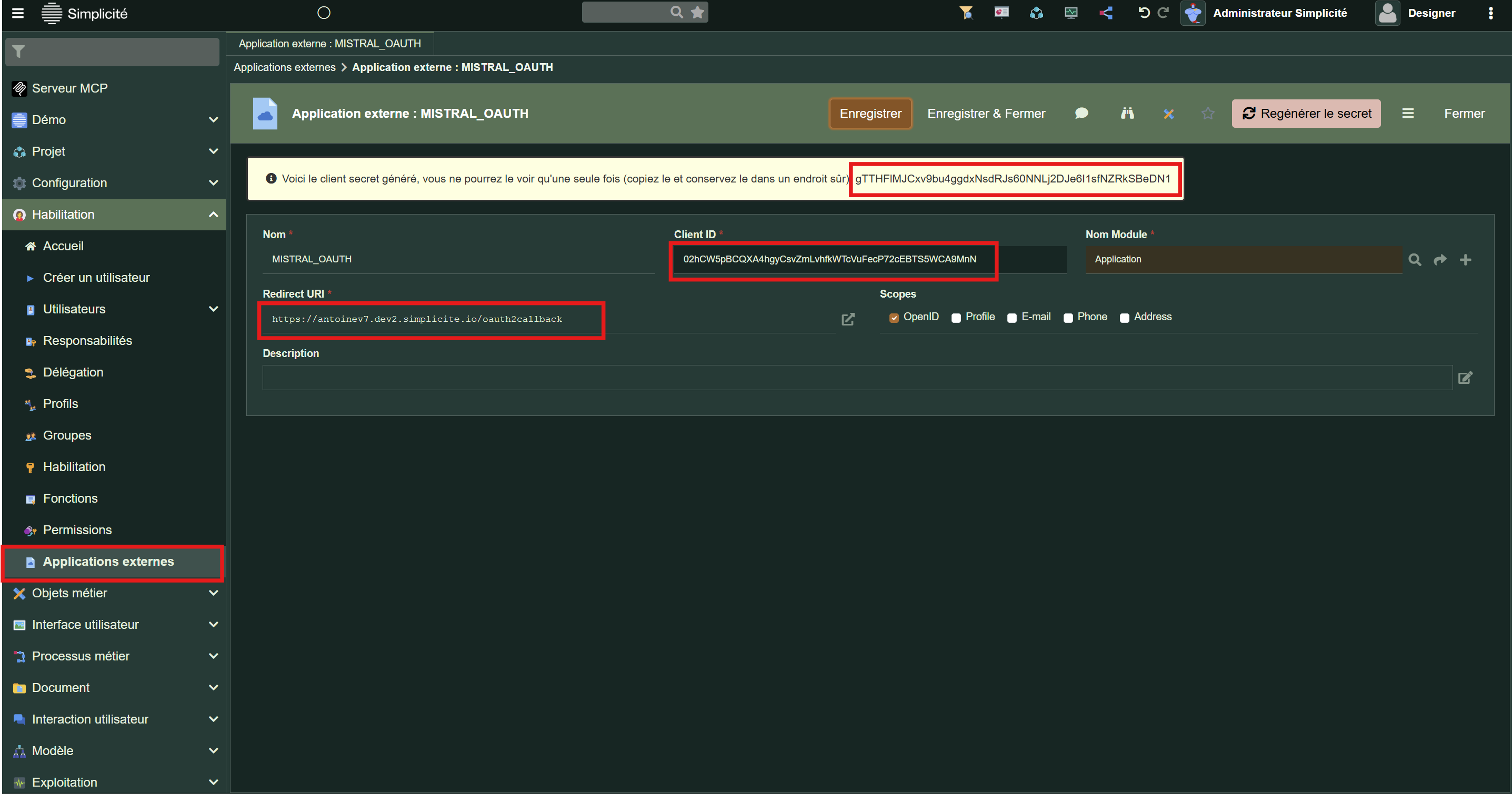 Application externe OAuth2 configuration