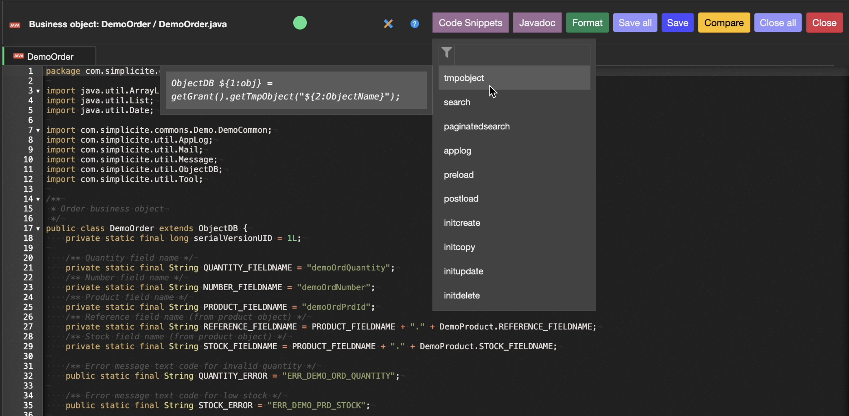 Snippets dropdown