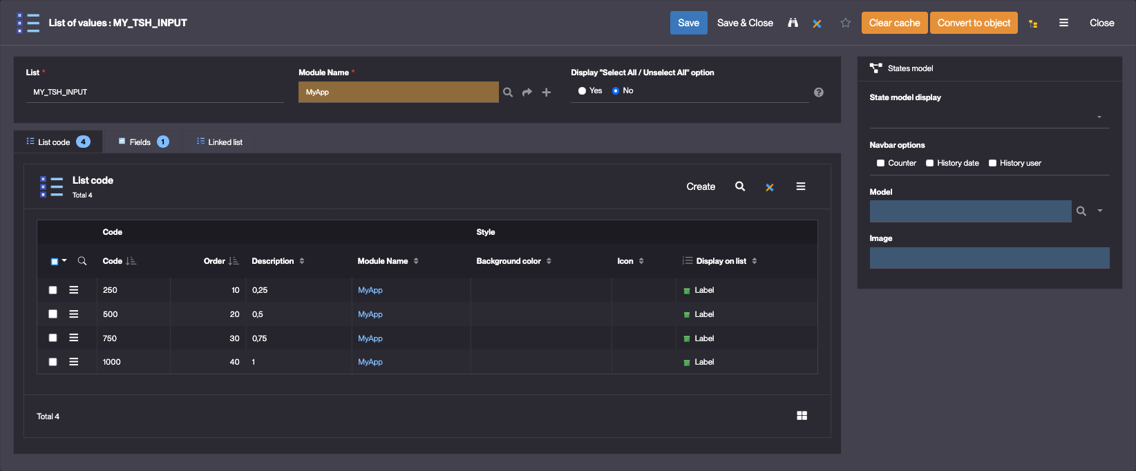 Input list of values